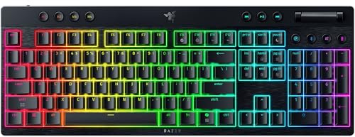 Razer BlackWidow V4 Low Profile HyperSpeed - Teclado Gaming mecánico inalámbrico de Perfil bajo - Wireless y BT - Rueda multifunción y 11 Botones - Interruptor Naranja - QWERTY Teclado US | Negro