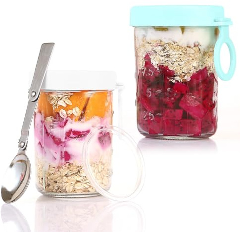 xiruiubao Overnight Oats Jar,2 Pcs 350ml Pot Overnight Oat Verre,Petit Pot en Verre avec Couvercle,Bocaux Overnight Oats avec Cuillère Pliable,Bocaux Petit Dejeuner pour Confiture,Yaourt,Salade