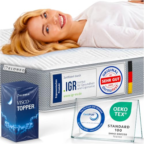 ELONEO Matratzen Topper 90x200cm | Memory Foam | 8cm hoch | zertifizierter Premium Matratzentopper für Bett und Boxspringbett | atmungsaktiver 3D Mesh-Bezug | rutschfest mit Noppen und Eckschlaufen