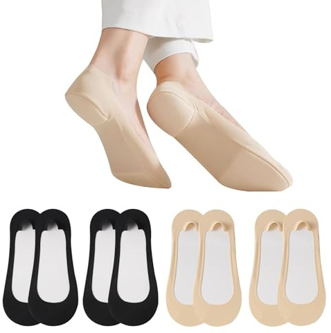Osynliga strumpor för kvinnor, 4 par fotskydd för kvinnor med halkfri kudde tå topper strumpor ventilerande damstrumpa för höga klackar, båtskor, sneakers, träningsskor, Svart och naken, One size