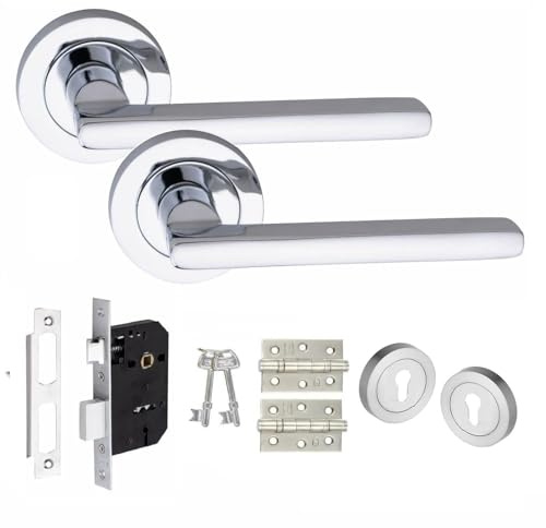 Golden Grace Leon Door Handle Set with Hinges Silver, Key Lock Set | Includes mortise lock, spindle and screws for easy installation, with ball bearing hinges ensuring a smooth, silent swing.
