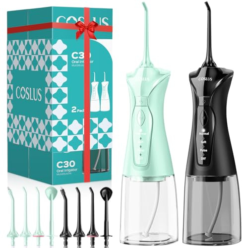 COSLUS 2-Pack C30 Water Flosser for Teeth: Water Dental Pick Set with Refined Packaging for Couples Friends, 3 Modes & 8 DIY Levels for Sensitive Gums & Braces, Ideal for Family Sharing, Black & Green