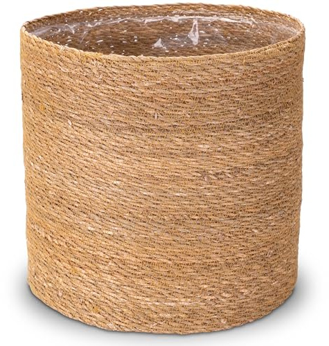 Decorasian Seegras Übertopf – Blumentopf geflochten – dekorativer Planzenkorb mit Folieneinsatz im Boho Stil – Natur - 35cm