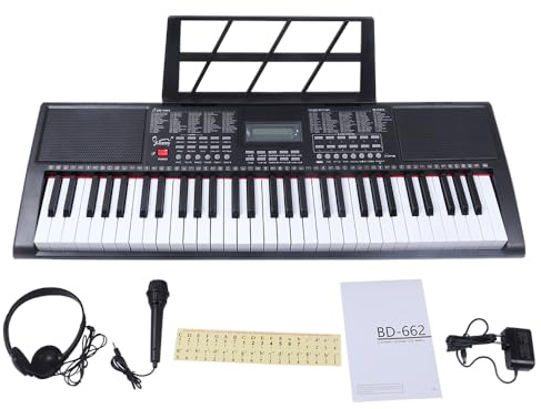 Bonnlo Piano Numérique Clavier 61 Touches avec Support et Banc, Haut-Parleurs Intégrés, Casque, Microphone, Repose-Partition, écran LED, 3 Modes pour Débutants (Noir, piano)