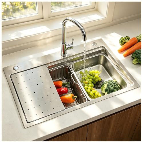 Fregadero Cocina 85 x 50cm,pila Acero Inoxidable brushed 1 Seno,Fregadero Bajo Encimera o Sobre Encimera, Gran Pila con Sifón, Escurridor, Dispensador de jabón