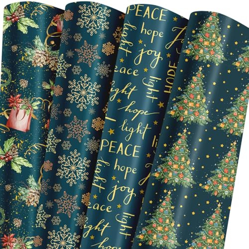 Lyroiphic grün Geschenkpapier Weihnachten Set – Weihnachtsbaum, Schneeflocken, Letters, Tannenzapfen | Weihnachtspapier für Geschenke & Basteln | 8 Bögen Gefaltet (50×70 cm)