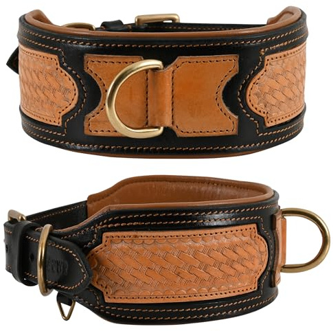 ‘Incise’ Series Dog Collar by DowgClub, Handmade, Handcarved, Western Style, Tasteful Tooling, Genuine Bridle Leather, Soft, Cushion Padding (Sable Black, 2 Wide (Fit Neck 14.5-18.5))