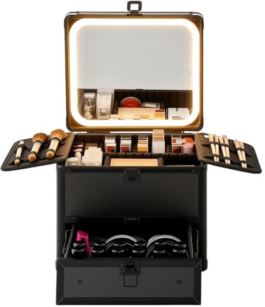 Makeup Box with Drawer and Lighted Mirror Travel Train Case, Cosmetic Organizer with Adjustable Dividers and Magnetic led Mirror (Black)
