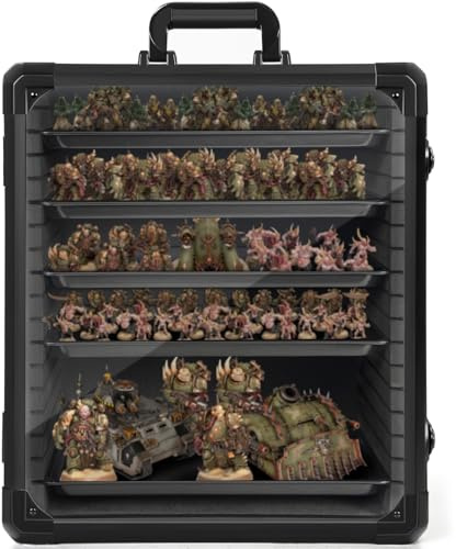 FREEAMG Miniatures Carry Case with Lock, miniature Storage Case with 6 Metal Trays & Aluminum Alloy Frame, Portable Miniature Transport case for Tabletop Gaming Miniatures, RPG Models (Large Black)
