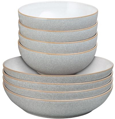 Denby - Elements Pasta & Cereal Bowl 8 Piece Set - Light Grey, Dishwasher & Microwave Safe, Oven Proof Stoneware Dishes - 4 x Pasta & Cereal Bowls - Ceramic, Chip Resistant Tableware for Everyday Use