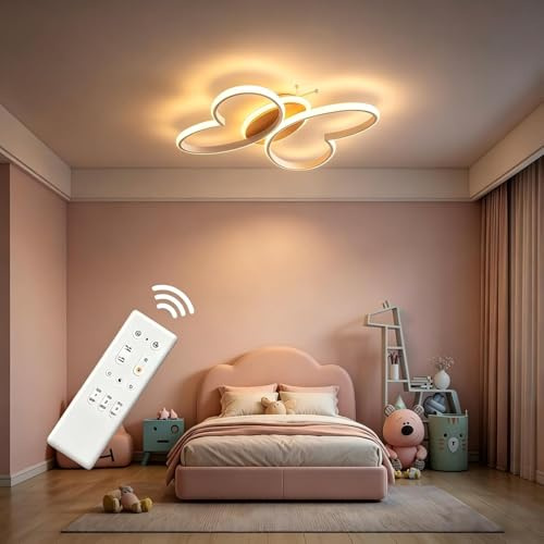 Dythwron Kinderzimmer Lampe Decke, 58cm Kinderzimmerlampe Mädchen, 58W LED Deckenlampe Kinderzimmer mit Fernbedienung mit Nachtlichtfunktion, Schmetterling Deckenleuchte (Weiß)