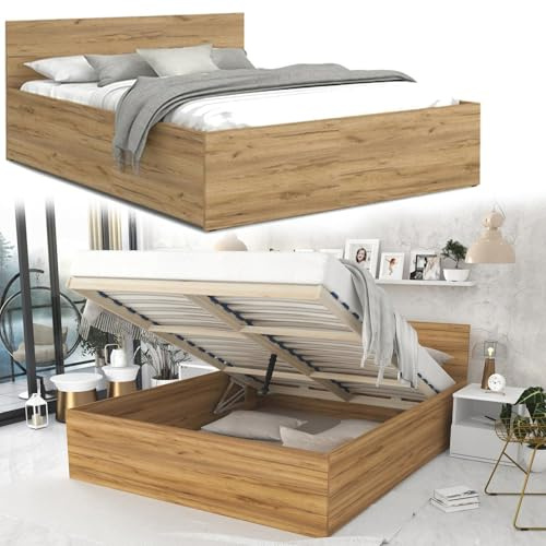 roe furniture Doppelbett 180x200cm, Stauraumbett mit Bettkasten & Birkenholz Lattenrost, Robustes Bett mit Kopfteil, Bettgestell aus Schichtstoffplatte, mit Matratze, Lancelot