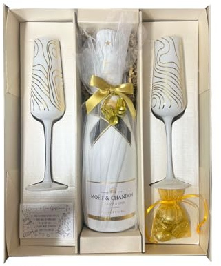 Moet & Chandon Ice Imperial 75cl Gift Set Hamper With Two Matching White & Gold Champagne Glasses, Chocolates and Gift Box - Congratulations, Wedding Gift With Personalised Gift Message