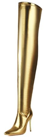 WOkismD Stivali da Donna sopra Il Ginocchio con Tacco a Spillo 11CM, Punta a Punta e Effetto Pelle Slouchy Alti Coscia,d'oro,48 EU