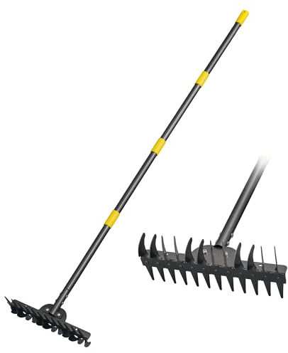 Heavy Duty Double Row Garden Rake, Stainless Steel Gardening Tools, 157cm Adjustable Rake for Gardening with 12 Teeth, Multifunctional Garden Fork for Lawn Yard Care