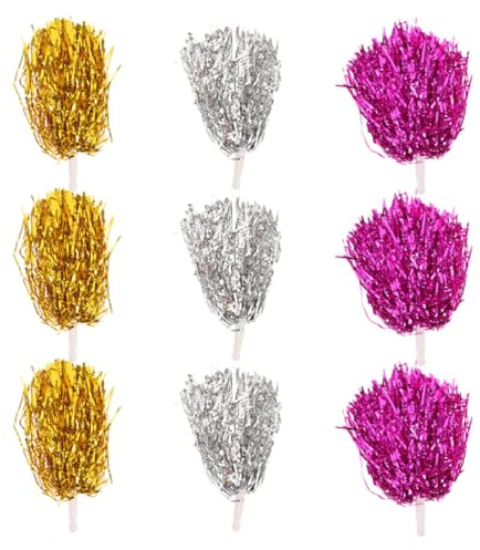 Outanaya Lot de 9 Pompons de Cheerleading Portables Doré, Argenté et Rose Fuchsia, Compact et Léger, Accessoires pour Supporteurs et Pom-Pom Lors de Compétitions Sportives et Événements