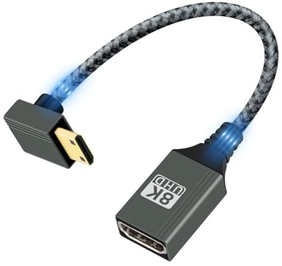 GELRHONR 8K Mini HDTV to HDTV 2.1 Adapter, 8K@120Hz 4K@60Hz Male to Female Nylon Braided Short Adapter Cable for Camera,Ras//pberry Pi,Laptop,TV,Monitor,15cm（Up Angle）