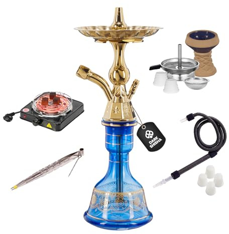 Dark Shisha Cachimba Luna Azul 44,5 cm + Hornillo Eléctrico 1000W con Cestillo | Set Completo con Manguera Tradicional, Cazoleta de Piedra, Chimenea, Pinza y Juntas