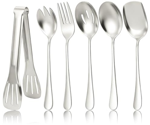 ZUYIST Cutlery Serving Set of 6 Pieces, Stainless Steel Serving Utensil Set | Spoon, Slotted Spoon, Fork, Cake Server and Tongs, Buffet Flatware Serving Set for Serving Kitchen Cooking Restaurant Banquet