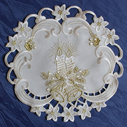 Anka Textil Weihnachts-Tischdecke Tischläufer Mitteldecke Tisch-Deckchen mit Weihnachtskerzen Motiven Stickerei Weihnachtsdeko Creme-Gold Größenwahl (30cm Rund)