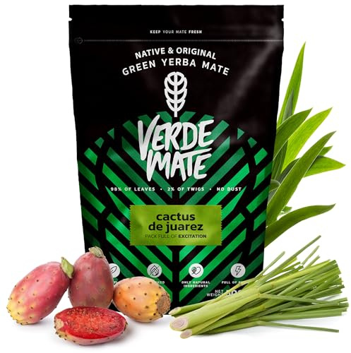 Mate Tee Verde Mate Cactus de Juarez 500g - Yerba Mate aus Brasilien - 5mm Grobe Blätter - Luftgetrocknet, Wenig Staub - Mit Kaktusfeigenblüten - Mild - Ideal für Terere - Natürlicher Wachmacher | Luftgetrocknet, Wenig Staub, Mit Kaktusfeigenblüten, Mild, Ideal für Terere, Natürlicher Wachmacher