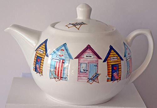 crackinchina Beach Hut teapot 6 cup porcelain teapot decorated all round with colourful beach huts