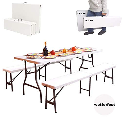 TRUTZHOLM Bierzeltgarnitur 3 teilig klappbar 180x75cm Festzeltgarnitur mittig klappbar kein Umkippen mehr, zusammengeklappt 90x75cm mobil Kofferraum