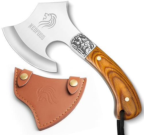 NedFoss Warthog Camping Axt, 22CM Kleine Outdoor Axt Mit Lederscheide, Mini Mit Holzgriff, Survival, Wikinger in Geschenk-Box