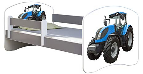 ACMA Kinderbett Jugendbett mit Matratze Grau mit Rausfallschutz Lattenrost II Spielbett Kinderzimmer Möbel (42 Traktor, 140x70)