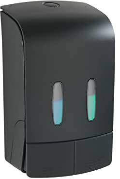 WENKO 2-Kammer Desinfektionsmittel- und Seifenspender Tartas Schwarz, hygienischer Wand-Spender für Desinfektionsmittel, flüssige Seife etc. ohne Bohren, Füllmenge je Kammer: 480 ml, 14,5 x 24 x 9 cm