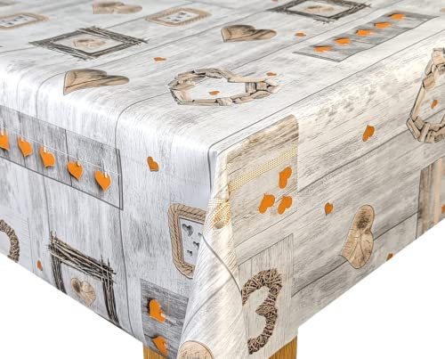 Karina Home Orange on Grey Wood Effect Love Hearts Wipe Clean Tablecloth Vinyl PVC Table Cover Wipeable Table Cloth (Orange, 200cm x 140cm)