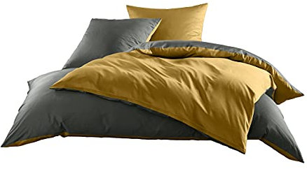 Bettwaesche-mit-Stil Mako Satin Baumwollsatin Wende Bettwäsche Garnitur - viele Farben und Größen (Stahlgrau - Gold, 1x 135x200 + 1x 80x80 cm)