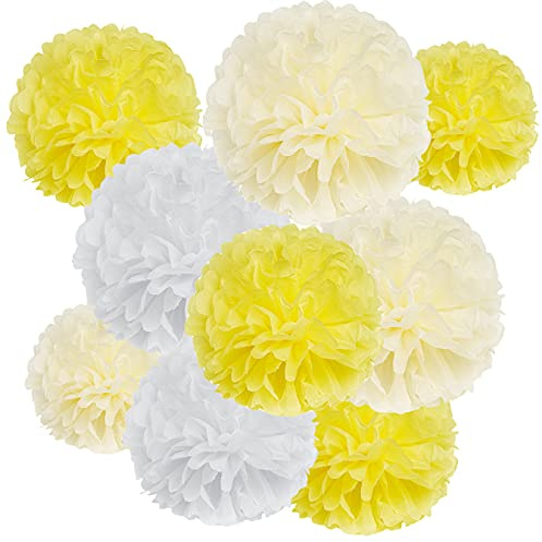 Tissue Paper Pom Poms Party Decorations, Hmxpls Tissue Balls Colorful Flowers Pom, Large Pom Poms for Wedding Birthday Celebration Outdoor Decoration - Yellow & White (8/ 10/ 12)