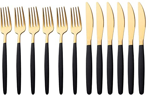 Buyer Star 12 Stück Schwarz Gold Steakmesser und Gabel Set für 6 Personen, Edelstahl Steak Besteck Set Langlebige Schneide Spülmaschinenfest