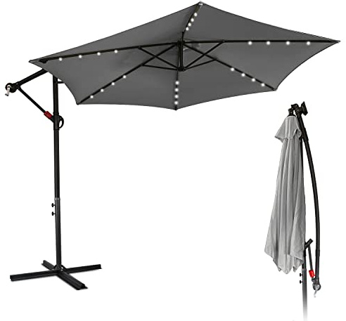Lospitch Sonnenschirm LED Solar 350 cm, Alu Ampelschirm mit Kurbelvorrichtung, Sonnenschirm Groß UV-Schutz & Wasserabweisende, Gartenschirm 8 Streben (Grau)
