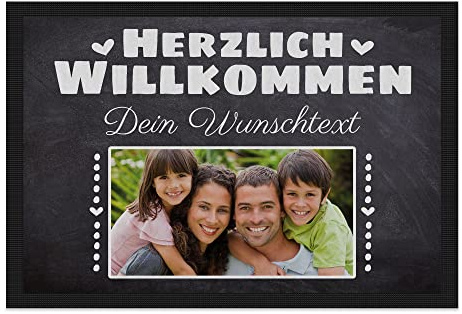 Print Royal Personalisierte Fußmatte mit Namen & Bild - Herzlich Willkommen - Geschenke zum Einzug | rutschfest, 120x80cm mit Gummirand
