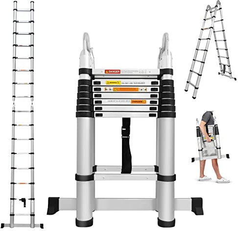 Teleskopleiter Klappbare Leiter 5M (2,5m+2,5m) Aluminium A-Form Tragbare Heimleiter mit Stabilisatorstange, 150kg Belastbarkeit, zusammengeklappt Größe 92,5cm, 16 Stufen einstellbare Höhe
