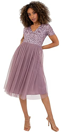 Maya Deluxe Women's Embellished Midi Evening Dress Ladies V Neckline with Short Sleeve for Prom Wedding Bridesmaid, Moody Lilac, 6