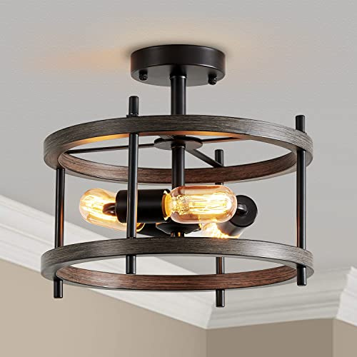 Saint Mossi Vintage Flush Mount Ceiling Light Fixture, 3-Light Farmhouse Ceiling Chandelier, Perfect for Living Space, Matte Black & Wood Texture Metal Frame