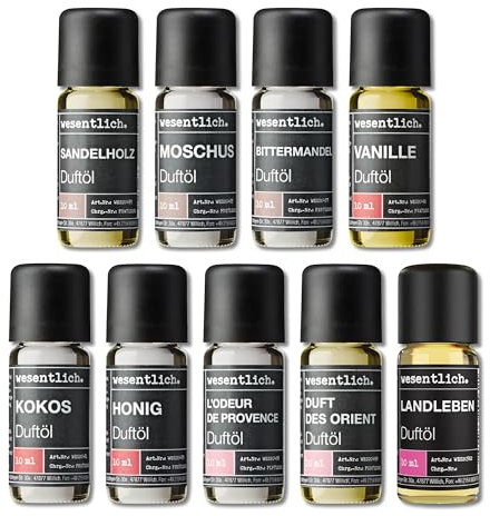wesentlich. Juego de aceites aromáticos, composiciones aromáticas armónicas para quemadores, difusores y velas – Sandalwood, almizcle, almendra amarga, vainilla, coco, miel, provenza, oriente, vida