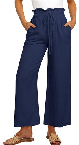 Cindeyar Leinenhose Damen Hosen Sommer Casual Leichte Palazzo Hohe Taille Einfarbig Leinen Freizeithose Sommerhose Mit Taschen und Tunnelzug (Dunkelblau, XL)