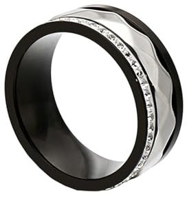 Ring Edelstahl Damen, Verlobungsring 8 mm Großes Zweifarbiges Band mit Zirkonia Schwarzes Silber Größe 57 (18.1) Schmuck Komfort Fit
