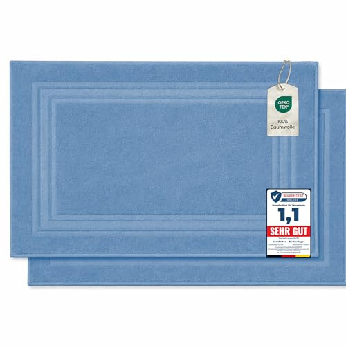 Komfortec - Set di 2 Tappetini da Bagno, Tappetini in Spugna per Doccia, Lavabili, Assorbenti e a Rapida Asciugatura – 600 g/m², 100% Cotone, 50x70 cm, Azzurro