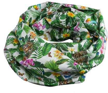 bettina bruder - Damen-Loop Schlauchschal Dschungel Blumen Blätter Vögel Leopard grün weiß - 100% Baumwolle