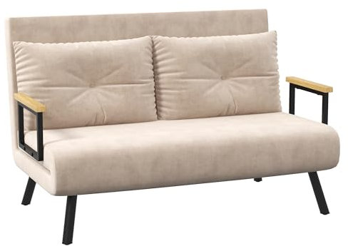 HOMCOM Schlafsofa 4 in 1 2 Sitzer Sofa mit Schlaffunktion, 183 x 98,5 cm Klappbar Couch Schlafcouch mit 5-stufig Verstellbarer Rückenlehne, Lendenkissen und Samtoptik für Wohnzimmer, Beige