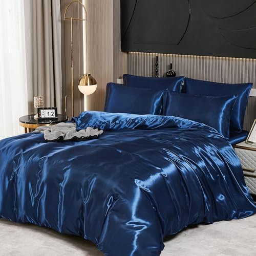 Guchuang Bedding Silk Satin Complete Bedding Set 6 Pieces Navy Blue King Size Duvet Cover Luxury Shiny Ultra Soft Microfiber Quilt Cover 220x230cm with 1 Fitted Sheet, 4 Pillowcases