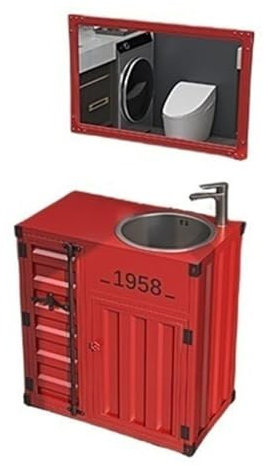 Lavabo Bagno Mobile da bagno combinato in stile industriale vintage, lavabo in acciaio inossidabile con rubinetto e kit di scarico, mobiletto da bagno indipendente in un unico pezzo for uso domestico