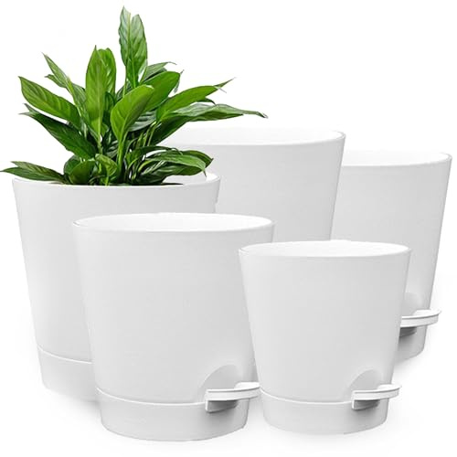 PECZEKO Blumentopf, 5 Stück Kunststoff Blumentopf mit Bewässerungssystem 17,5/16,5/15/14/12,5 cm, Pflanztopf Selbstbewässerung Übertopf mit Untersetzer, für Drinnen und Draußen Geeignet, Weiß