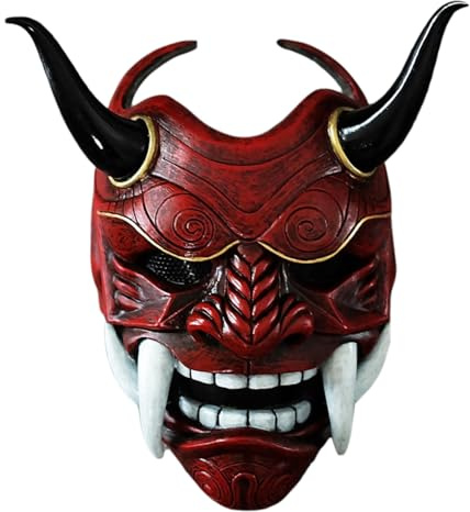 Hannya Japanische Oni-Maske aus Latex - Ghost Vollgesicht mit Reißzähnen und Hörnern - Samurai Warrior Cosplay für Halloween Party