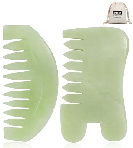 EQLEF Jade Kamm 2 Pcs, natürlicher Gua Sha Stein Jade Kamm für Kopf, Gesicht und Körper Gua Sha Schaber Guasha Werkzeug Massage Stein für Spa und Hautpflege